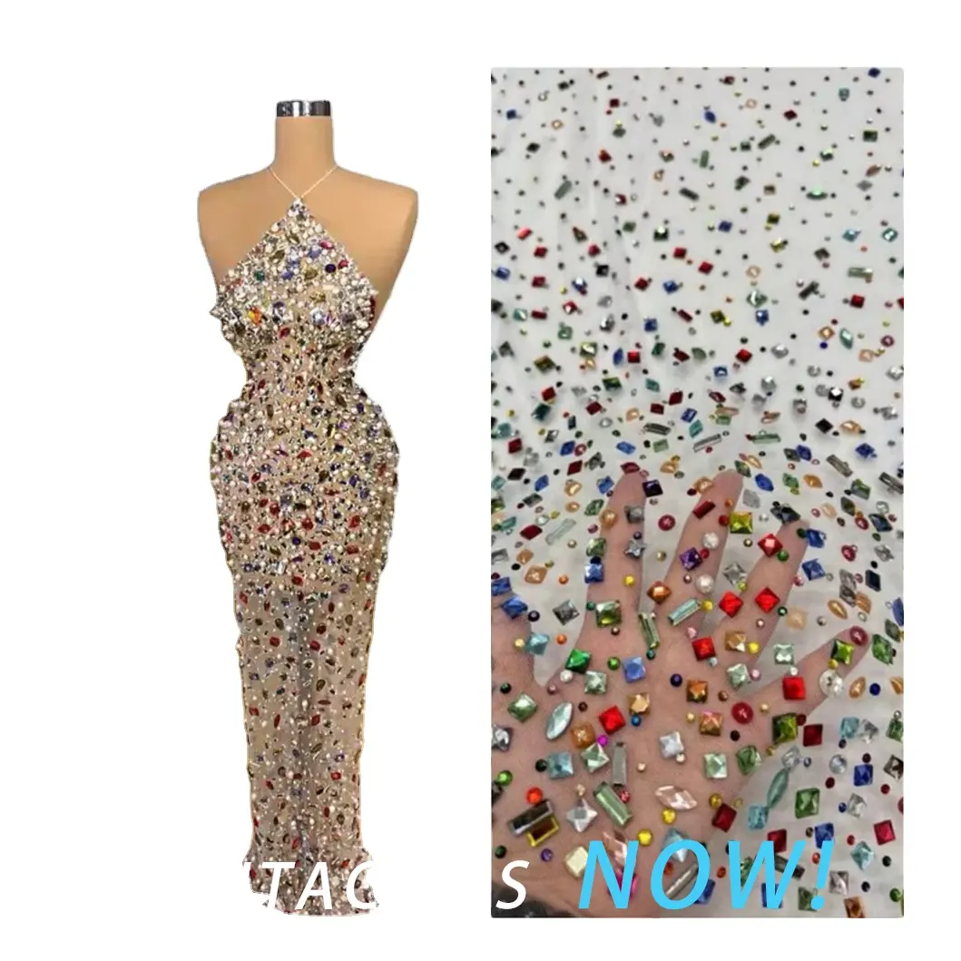 Colorful Rhinestone Mesh Fabric with Mixed Shapes Crystal and Bead Lace for Prom and Party Dresses