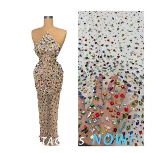 Colorful Rhinestone Mesh Fabric With Mixed Shapes Crystal And Bead Lace For Prom And Party Dresses