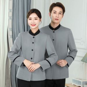 Blouse <span class=keywords><strong>de</strong></span> serveur personnalisable à manches courtes et longues, veste <span class=keywords><strong>de</strong></span> hôtel en gros, boutonnée, vêtement d'hiver pour le personnel d'entretien - Product Image 3