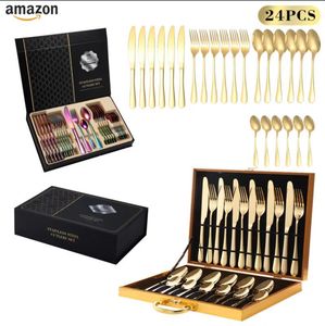 Juego de cubiertos de acero inoxidable de 24 piezas, cuchillo, tenedor y cuchara dorados, cuatro piezas principales, juego de caja de regalo transfronterizo - Product Image 1