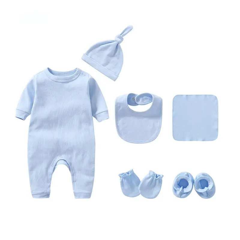 MU kustom Logo katun organik baju bayi baru lahir baju monyet warna Solid Sarung tangan kaus kaki topi Bib Set hadiah pakaian bayi laki-laki perempuan Set