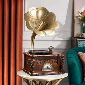 Tocadiscos de vinilo vintage directo de fábrica con bocina metálica, radio FM, USB, Bluetooth, 3 velocidades, tocadiscos de madera para decoración del hogar - Product Image 6