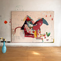 Peinture à l'huile Pop Art, figurine colorée peinte à la main, cheval monté, grande toile murale, style crème du milieu du siècle, pour salon