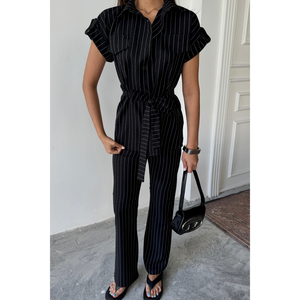 Ensemble de costume pour femme en polyviscose rayé noir, chemisier et pantalon - Product Image 6