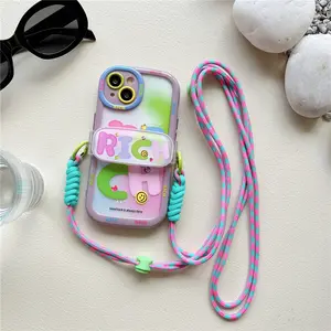 Hot Sale Halo Dyed Pink Green Soft Shell Phone Clip Crossbody Hanging Neck Phone Case with Strap for iPhone 15 Plus 14 Pro More