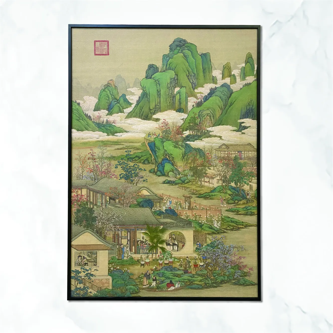 لوحة بانوراما للمناظر الطبيعية الجبلية والأنهار رسم بإطار وإطار مطبوع رسم تراثي صيني لتزيين المنزل