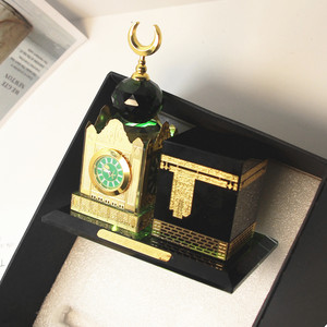 Islamic Kaaba <b>Crystal</b> Glass Clock Ornament With Green Dome And Golden <b>Moon</b> Decorative Religious Gift For Home Or Office Display - Product Image 1