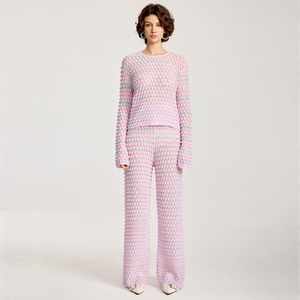 लाउंज नरम पोशाक स्वेटर पैंट महिलाओं गुलाबी स्वेटर मल्टीकोटेड बुना स्वेटर सेट - Product Image 5