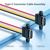Faisceau de câblage USB-C à montage sur panneau LN-004, connecteur femelle Type-C avec oreilles de fixation, assemblage de câbles 4P 26AWG