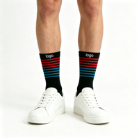 Chaussettes mi-mollet en polyester à rayures avec logo personnalisé, respirantes et anti-transpiration, emballage couleur personnalisé pour la course à pied, le cyclisme et les sports quotidiens