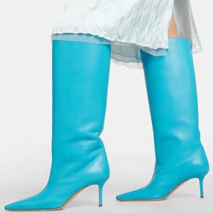 Women's Stylish Long Boots Low Heels Square Toe Fashion Knee High Booties Stone Pattern Denim on <b>Shoes</b> - Product Image 3