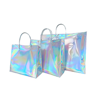 Sac fourre-tout transparent holographique en PP à fond carré, uni, irisé arc-en-ciel, pour supermarché, avec poignée en plastique