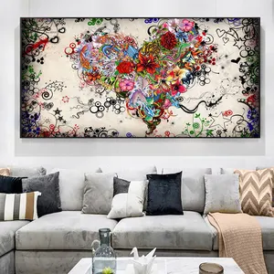 Abstract Oil Painting on Canvas Colorful Heart Flowers Poster and Print Wall Art Decorative Picture for Living Room Home Decor