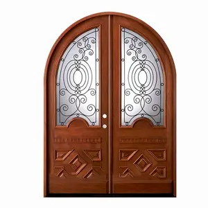 Arco de madera maciza para puerta principal, diseño de tallado, puertas de madera y vidrio