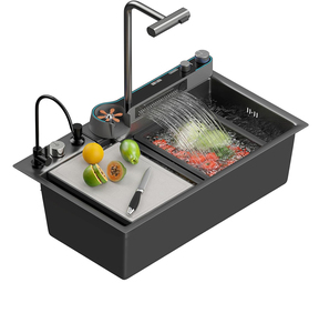 Évier de cuisine rectangulaire en acier inoxydable 304 <span class=keywords><strong>noir</strong></span>, à encastrer, fait main, intelligent, multifonction, avec cascade, pour usage domestique - Product Image 1