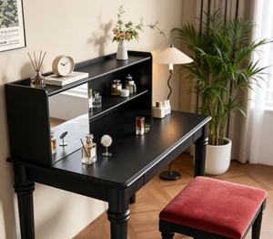 Premium Black Wooden <b>Makeup</b> Vanity Desk <b>With</b> Hutch & Red Velvet Stool Multi Storage For Bedroom - Product Image 3