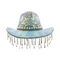Chapeau de cowboy bohème en gros, bleu irisé, imprimé serpent, franges en strass, pour festivals, fêtes personnalisées, pour femmes