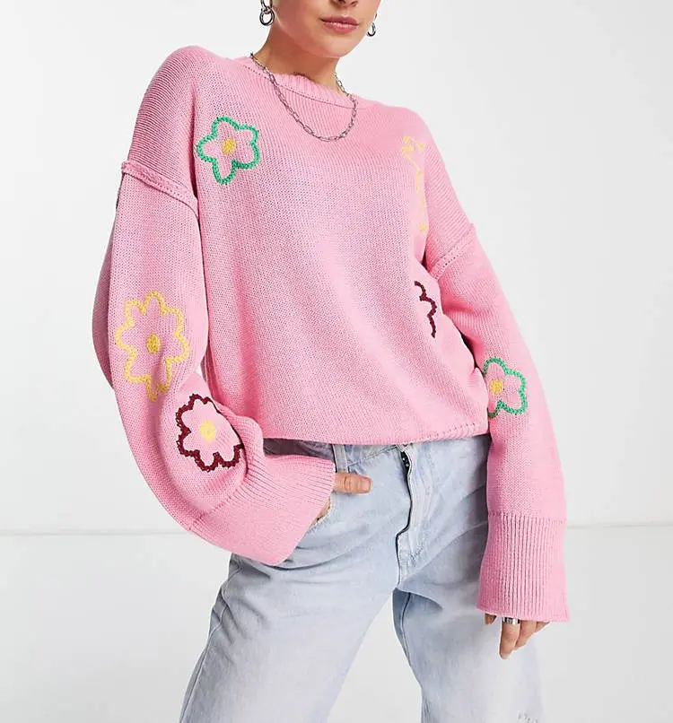 New Trendy Oem Custom Embroidery Pink Sweatshirts Plus Size Women's Sweaters