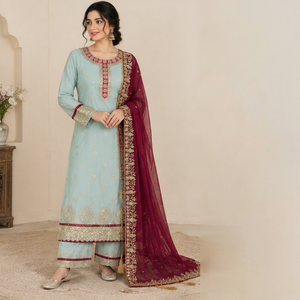 Embroidered Georgette Indian Pakistani <b>Kurta</b> Sharara Dupatta Set <b>Women</b> Ethnic Outfit Wedding Party Wear Knee-Length Quick Dry - Product Image 1