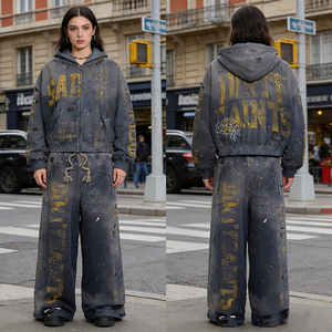 Completo da jogging vintage <span class=keywords><strong>taglie</strong></span> <span class=keywords><strong>forti</strong></span> con cerniera, design strappato, stile hip-hop street, pantaloni a zampa larghi e felpa con cappuccio, 100% cotone, direttamente dalla fabbrica - Product Image 4