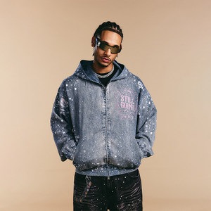 Sudadera tipo cárdigan de moda con capucha, de la <span class=keywords><strong>serie</strong></span> Crystal, con textura vaquera, adornada con pedrería, de poliéster/algodón, con transferencia en frío - Product Image 1