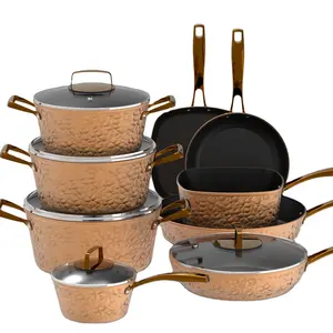 2021 new golden hammered forged aluminum with glass lid stainless steel nonstick pot and pan cookware sets