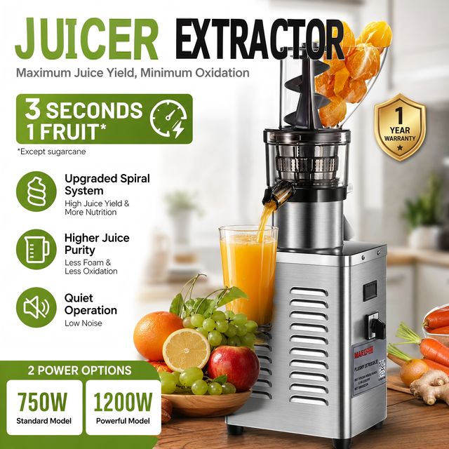 220V AC Juicer Commercial Low Speed Spiral Juicing Machine 38/47 RPM High Torque Juice Extractor for Hard Veggies and Fruit