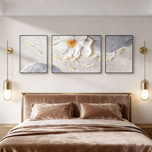 Quadro Moderno Testurizzato con Loto e Pesce, Triptico da Parete, Dipinto Decorativo in Porcellana Cristallina Incorniciato per Soggiorno <span class=keywords><strong>di</strong></span> Lusso - Product Image 4