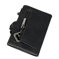 Portefeuille fin en cuir avec blocage RFID, étui à cartes en aluminium avec fermeture éclair pour pièces de monnaie, porte-cartes sécurisé à bouton-pression