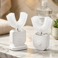 Mini brosse à dents électrique en forme de U, rechargeable par USB, avec gratte-langue et têtes de brosse de rechange supplémentaires, nettoyeur buccal à 360 degrés