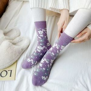 Women's <b>Winter</b> Mid-Calf <b>Socks</b> Thickened Purple Floral Pattern Warm Sleep <b>Socks</b> For Autumn And <b>Winter</b> - Product Image 1