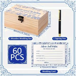 Coffret en bois pour Monsieur et Madame, 60 cartes d'avis de mariage avec stylo de signature, motif floral bleu, décoration pour livre d'or de mariage ou de fête prénuptiale - Product Image 6
