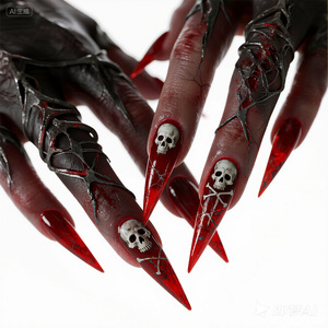 Uñas Postizas de Halloween, Color Rojo Oscuro, Diseño de Calavera de Perro, Ultrafinas, Puntiagudas, Estilo Spice Girls, Color Blanco - Product Image 6