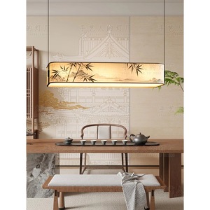 Chinese Style Bamboo <b>Leaf</b> Ink Painting Rectangle Pendant <b>Light</b> Led For Tea Room Study Restaurant Bar - Product Image 1