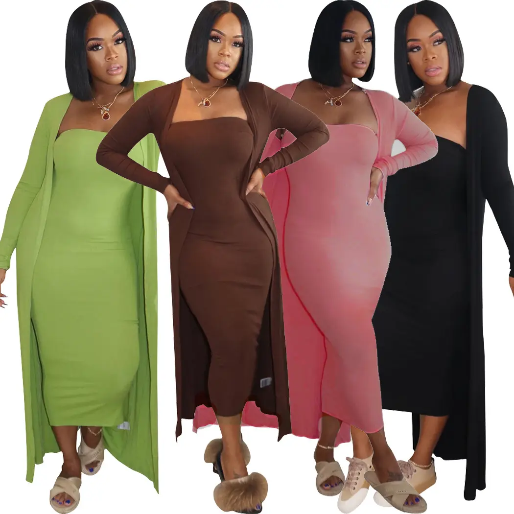 Bộ 2 Chiếc Váy Maxi Cho Nữ, Áo Khoác Dài Hở Vai Không Dây Màu Trơn Thường Ngày Và Áo Khoác Dài Mùa Thu Đông 2021
