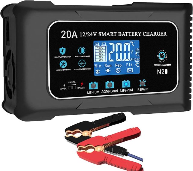 20-Amp Lifepo4 Lithium AGM Gel Smart Car Battery Charger, 12V/20A 24V/10A Trickle Charger
