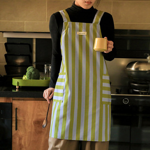 Bib Apron Striped Green White Water Repellent Breathable Kitchen Use Women Adults Daily Wear - Product Image 1