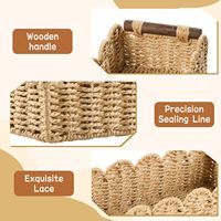 Panier de rangement en corde de papier à bords festonnés fait main avec poignées en bois, style bohème, rectangulaire, pour salle de bain, organiseur de papier toilette