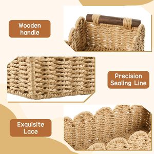 Handmade Scalloped Edge Paper <strong>Rope</strong> Storage <strong>Basket</strong> with Wooden Handles Boho Rectangular Bathroom Toilet Paper Organizer Bin - Product Image 2