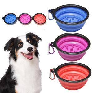 Bol pour chien à alimentation lente en silicone pour l'extérieur Bol pour chien pliable et pliable pour animaux de compagnie Bol pour chien de voyage portable avec mousquetons - Product Image 1
