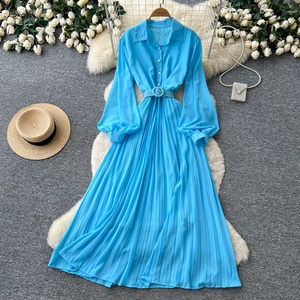 Vestido Casual de Primavera para Mujer, Cuello Camisero, Manga Larga, Color Sólido, Cintura Alta, Corte en A, Vestido Midi Elegante - Product Image 4