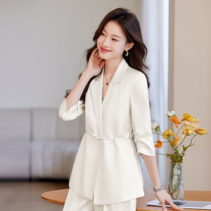 Pink Women's Suit Set Solid Color Satin Three Quarter Sleeve Casual Office Wear Breathable No Wrinkle Treatment AYM988 - Product Image 2