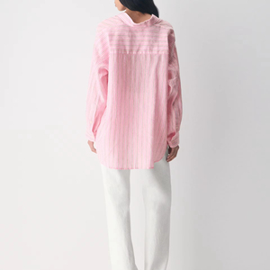 Camisa Casual de Lino con Rayas Verticales Rosa y Beige, Manga Larga, Bolsillo en el Pecho, Corte Holgado, con Botones - Product Image 5