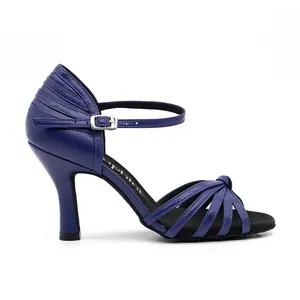 Синие женские туфли из натуральной кожи на высоком каблуке, Бачата/Сальса/кизомба/туфли для латиноамериканских танцев