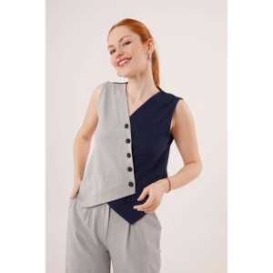 Gilet pour femme bleu marine en gros, motif croisé, bouton brodé, style extérieur, longueur longue, veste sans manches, tissu tissé, coton tricoté - Product Image 3