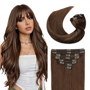 Extensions de cheveux Remy lisses et soyeuses, trame simple, couleur marron, extensions de cheveux humains à clipser - Product Image 3