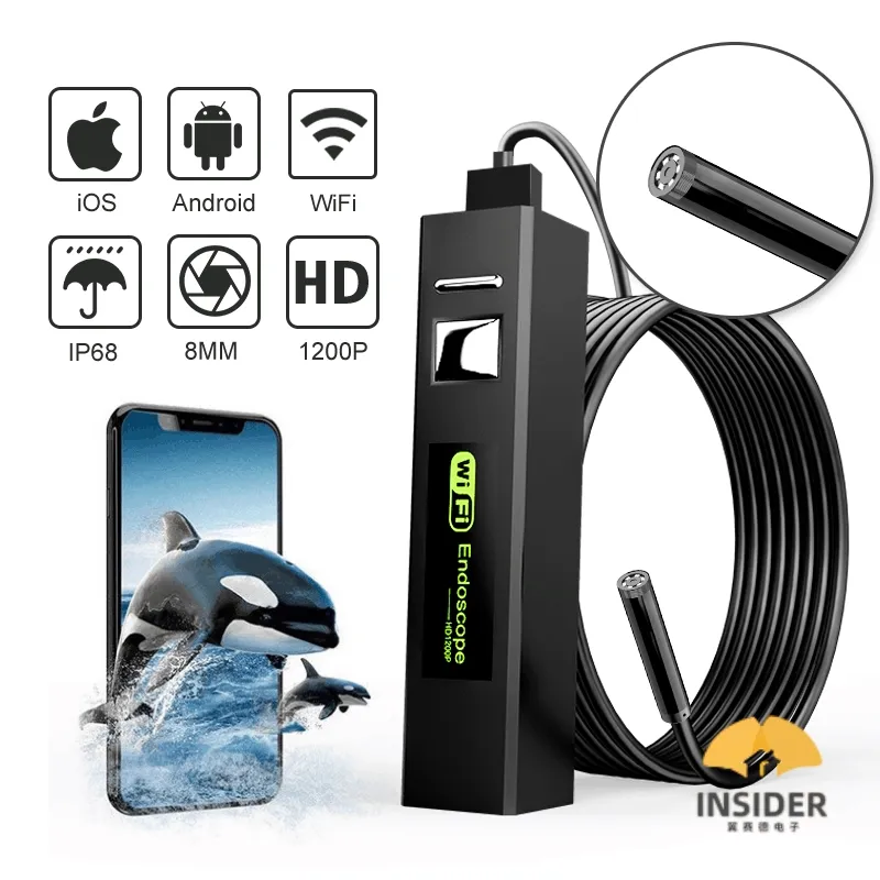 1200P WIFI Endoscope Camera HD IP68 Waterproof Snake Camera 8Mm With LED Borescope Camera For Android PC IOS Endoscope