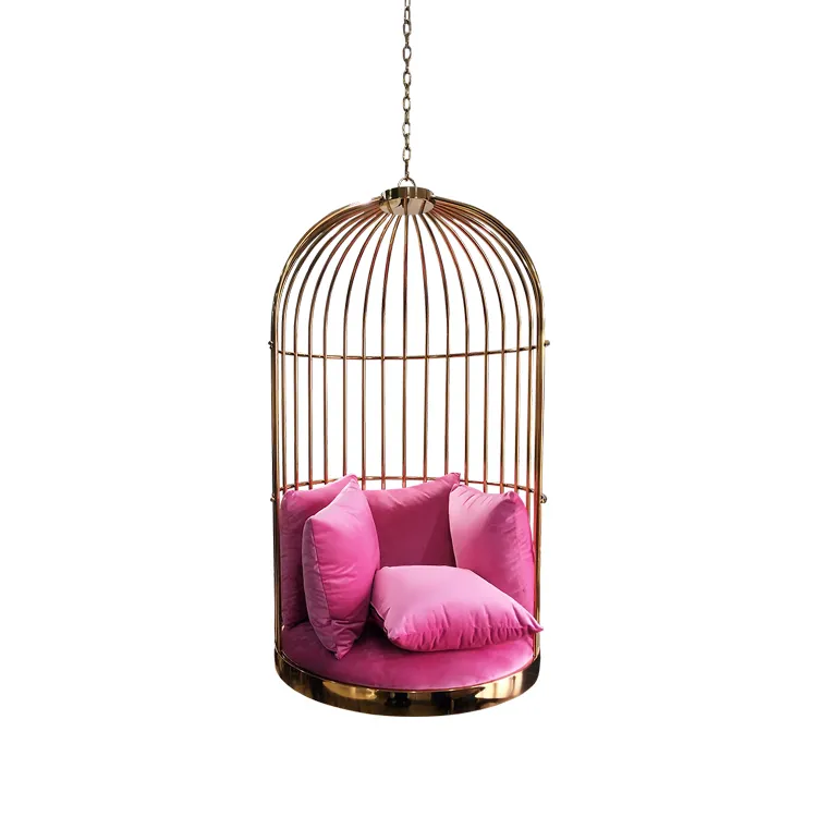 Hotel Home Decoration Gold Hanging Birdcage Chairs With Pillows Stainless Steel Birdcage Chair For Wedding Salon Beauty Home