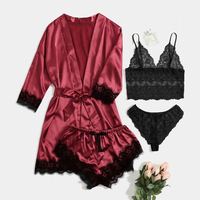 Ensemble de pyjamas et robes de nuit en satin de soie respirant avec dentelle, quatre pièces, pour femme, sexy, vente en gros
