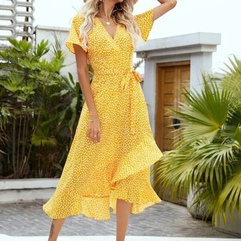 European V-Neck Ruffle Hem Polka Dot Asymmetric Design Waist Bow Summer Beach Maxi prom Dress